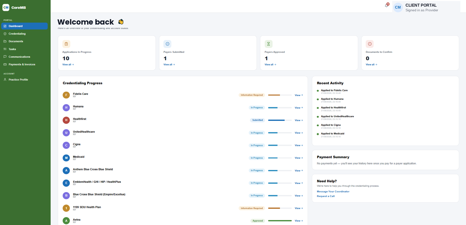 The Core MB client portal dashboard, showing credentialing progress for each payer, recent activity and coordinator messaging