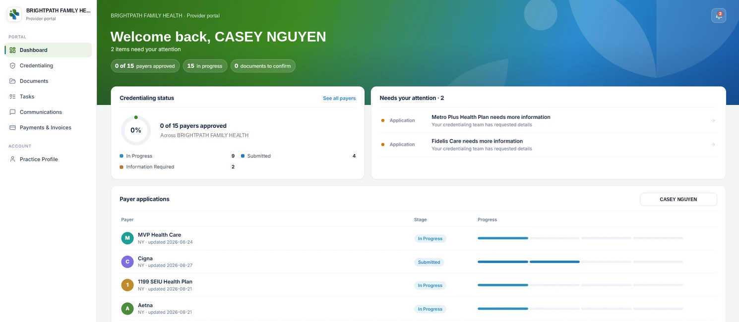 Core MB client portal: credentialing status and payer applications for a provider